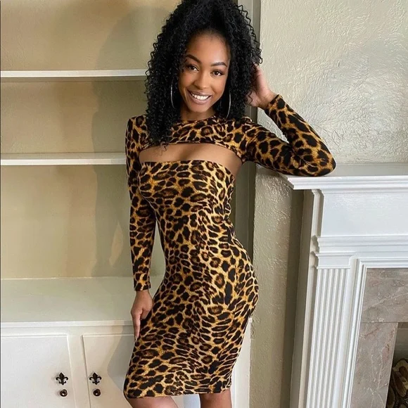 Dresses | Womens Long Cheetah Print Bodycon Baddie Dress Shoulder  Attachment Small | Poshmark